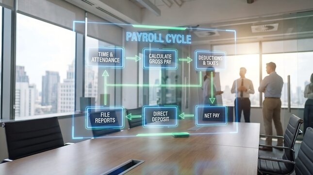 Executives analyze a futuristic holographic payroll system in a modern office, visualizing financial data for efficient corporate operations and strategic human resource planning