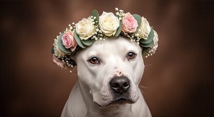 Elegant White Pitbull Adorned with Floral Crown.