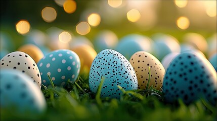 A close-up shot of various decorated Easter eggs nestled in vibrant green grass. The eggs feature different patterns like polka dots and speckles in pastel colo