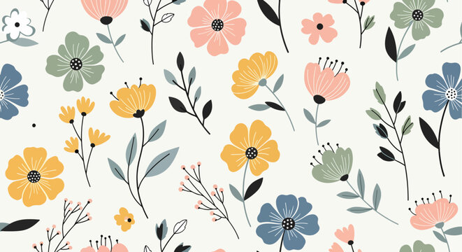 Seamless floral pattern with beautiful flowers and leaves