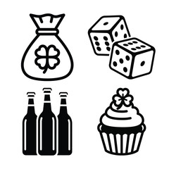 St patricks day and luck icons money bag, dice, bottles, cupcake, isolated on white background