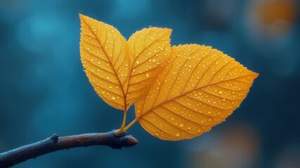 Autumn leaves glistening with dew in a serene forest setting during early morning light