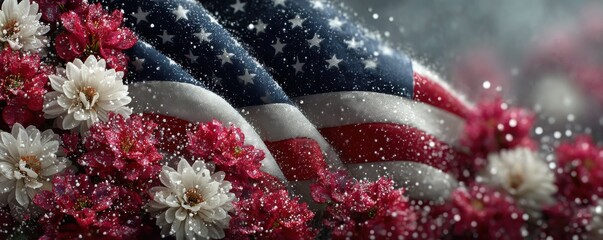 American flag surrounded by beautiful vibrant flowers in a serene setting