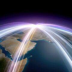 A stylized view of Earth from space, focusing on India and surrounding regions, overlaid with bright, colorful light trails symbolizing global connections and d