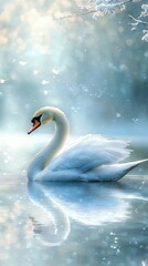 A graceful white swan swims serenely on a tranquil body of water. The background features soft, out-of-focus lights and a hint of snowy branches, creating a dre