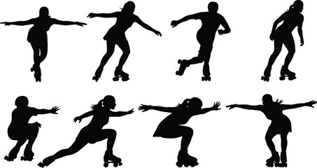 Set of black vector silhouettes showing women roller skating, balancing and gliding in motion, isolated on white background for sport and active lifestyle design.