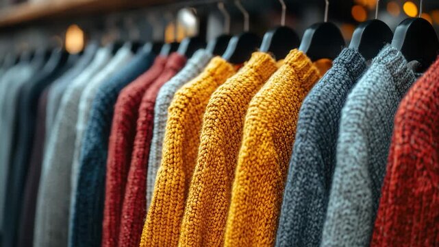 Colorful knitted sweaters displayed on hangers in a cozy boutique during autumn season - Powered by Adobe