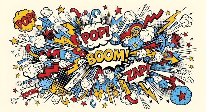 Vibrant comic book-style illustration of explosion effects with words like POP, BOOM, and ZAP in bold, dynamic letters and colorful graphics on a beige background.