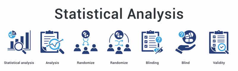 Statistical analysis banner web icon employs randomization and blinding techniques ensuring validity throughout analytical process.