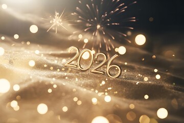 Sparkling gold 2026 new year celebration background with bokeh lights and fireworks for festive marketing campaigns and elegant holiday invitations