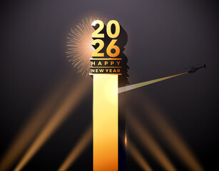 Elegant and premium New Year 2026 celebration poster with golden typography, dramatic spotlights, and festive glowing elements.