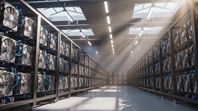 Walking through a large cryptocurrency mining facility, viewers see rows of powerful machines operating together. Sunlight filters through, creating a dramatic atmosphere as the machines hum.