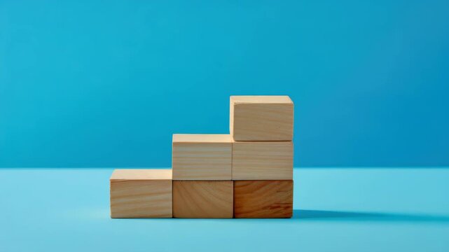A person's hand carefully stacking wooden blocks into a tower on a light blue surface.