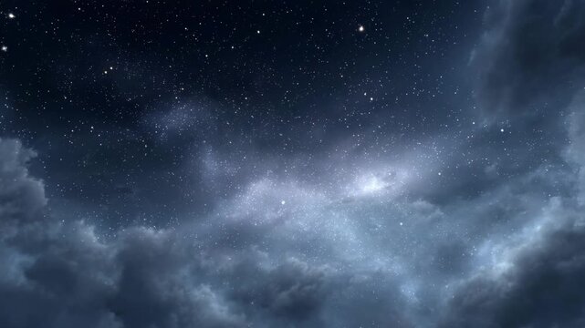 Deep space celestial panorama with twinkling stars and dramatic swirling clouds creating a mystical
