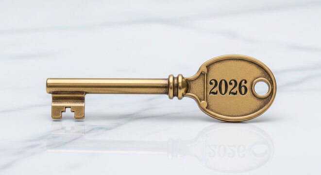 Close-up of ornate golden key with number 2026 on light surface, symbolizing future goals, achievement, opportunity, potential success, or new beginning - Powered by Adobe
