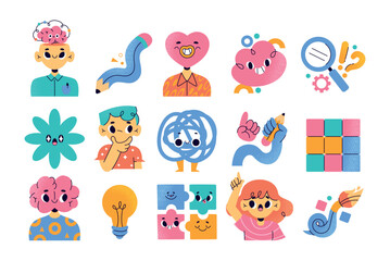 Educational creativity and thinking icons collection cartoon style