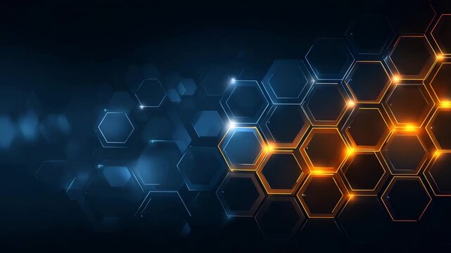 Glowing orange and blue hexagonal geometric abstract background with light flares and dark backdrop