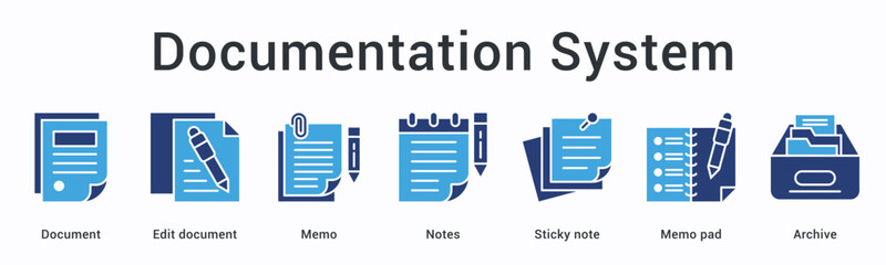 Documentation system banner web icon manages documents with editing memos notes and sticky note pads for archive storage.