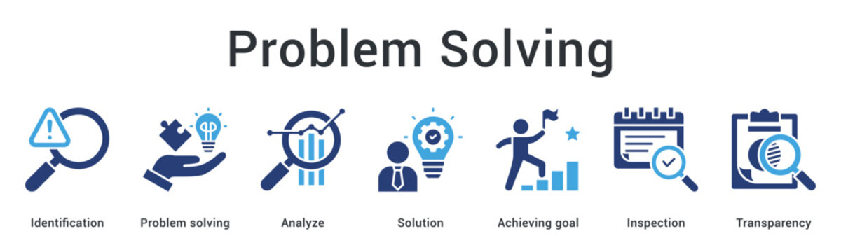 Problem solving banner web icon identifies and analyzes issues leading to solutions with goal achievement and transparency.