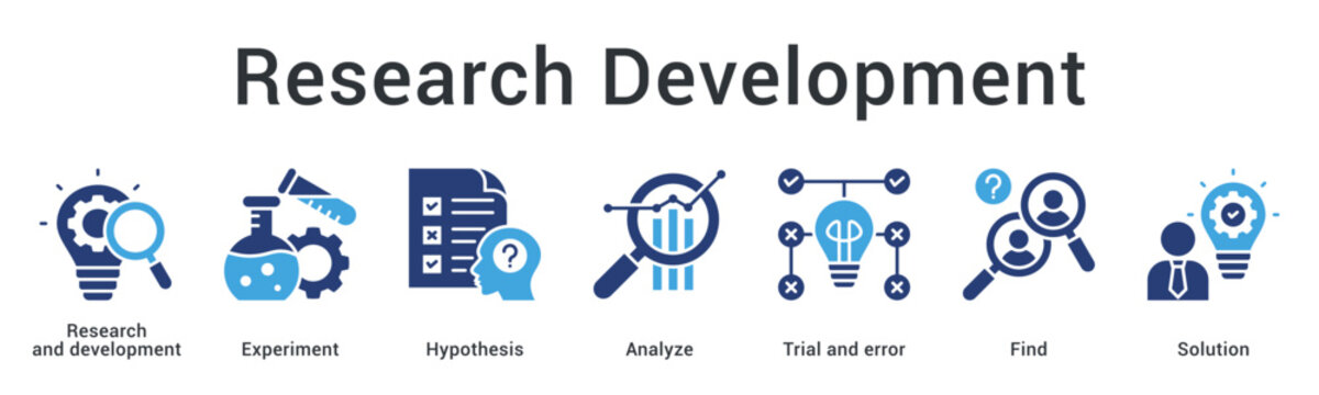 Research development banner web icon explores experiments and hypothesis through analysis and trials finding solutions effectively.