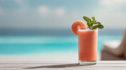 Refreshing tropical smoothie on a wooden table, with a turquoise ocean backdrop. Perfect for summer vibes, healthy lifestyle, or vacation concepts. Evokes relaxation and bliss.