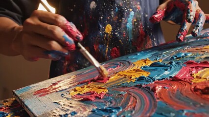 Artistic hands painting vibrant abstract art with thick brushstrokes on canvas creative process