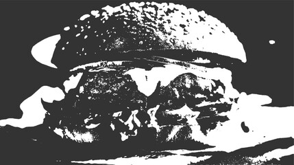 Close up of a large hamburger with melted cheese and sesame seed bun in high contrast black and white