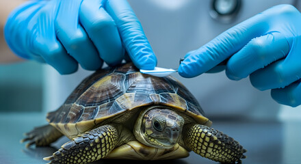Veterinarian in blue gloves examining a small turtles shell with a medical tool.