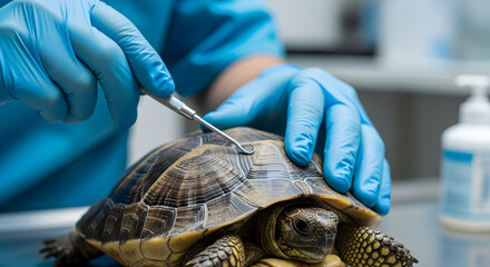 Veterinarian in blue gloves examining a turtles shell with a medical tool in a clinic setting.