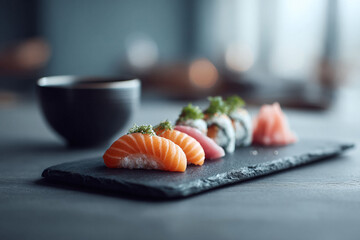 Elegant sushi assortment on slate. Fresh salmon, tuna, and rolls convey culinary artistry and healthy dining. Ideal for restaurant menus, food blogs, or Asian cuisine marketing.