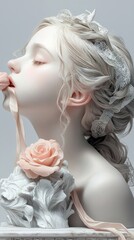 A pale, ethereal young woman with closed eyes and light hair adorned with lace, gently touching a pink rose with a ribbon. Soft, diffused lighting.