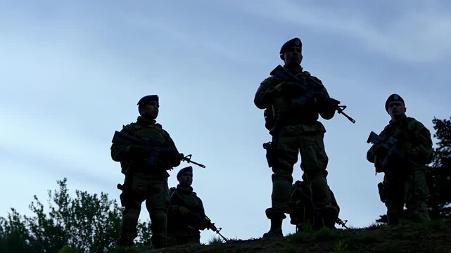 Soldiers on patrol under a moody sky with rifles