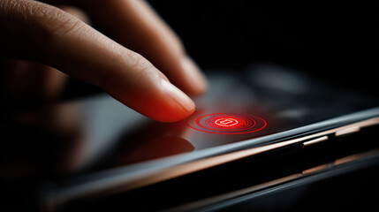 Fingerprint authentication on a digital touchscreen for data protection. A finger touches a digital screen with a fingerprint scanner, symbolizing data protection and digital security