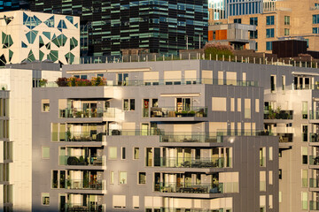 Urban modern architecture facade built around geometric pattern, structure, lines, minimalism and contrast for high-end commercial visual usage with clarity, balance and refined composition