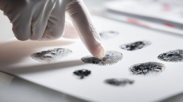 Fingerprint analysis on a white surface. A gloved finger touches a fingerprint on a white surface, symbolizing digital security and data protection. The image focuses on forensic science. - Powered by Adobe