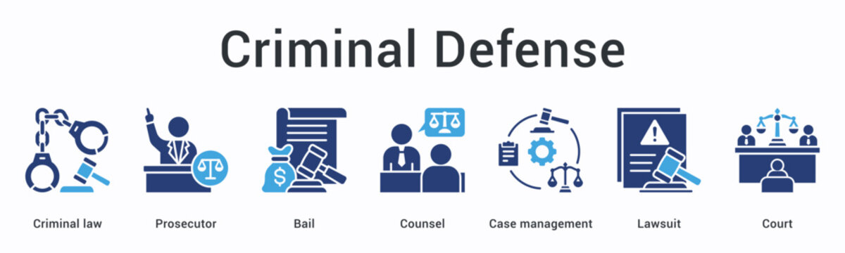 Criminal defense banner web icon involves prosecutor and bail with counsel managing lawsuit cases in court proceedings.