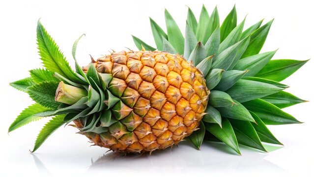 A fresh, isolated, tropical pineapple fruit with green leaf and juicy yellow flesh is a sweet, organic, healthy diet food