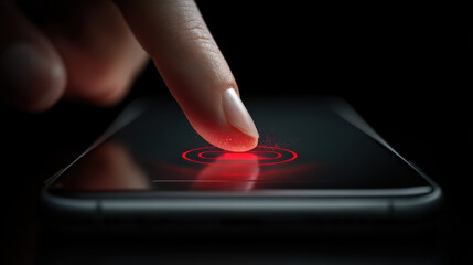 Fingerprint authentication on digital touchscreen for data protection Finger touches digital screen activating fingerprint scanner, symbolizing digital security data protection in modern illustration