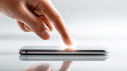 Finger touching a button on a digital touch screen. A finger presses a button on a digital touchscreen, symbolizing digital security and data protection with a fingerprint illustration.