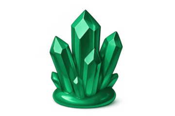 Green crystal cluster displaying multiple faceted gems, reflecting light and glowing, isolated as a magical mineral resource