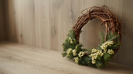 Rustic Holiday Wreath with Evergreen and Berries on Wooden Background