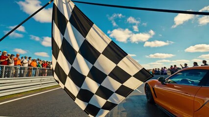 Checkered Flag Waving at Finish Line with Sports Car and Spectators at Sunset Racing Event

