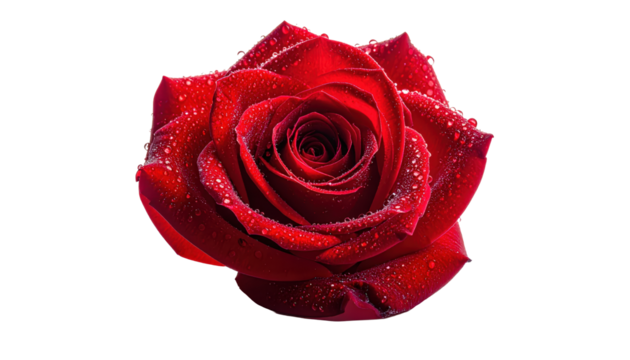 Dramatic Close-Up of a Red Rose with Water Droplets on Transparent Background Symbolizing Love Romance and Valentine's Day Perfect for Floral Designs