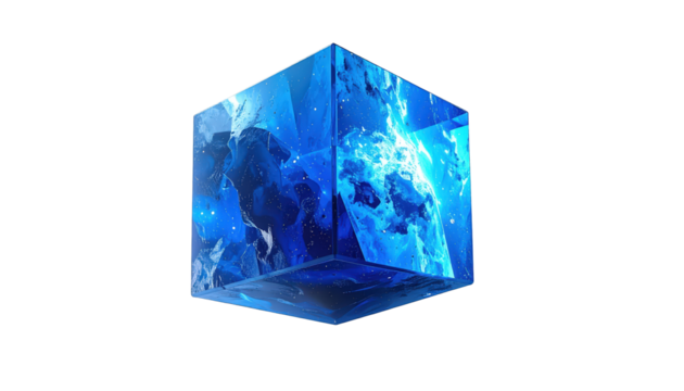 Blue Cube With Liquid Inside Isolated On Transparent Background Modern Design Element For Science Technology And Creative Concepts