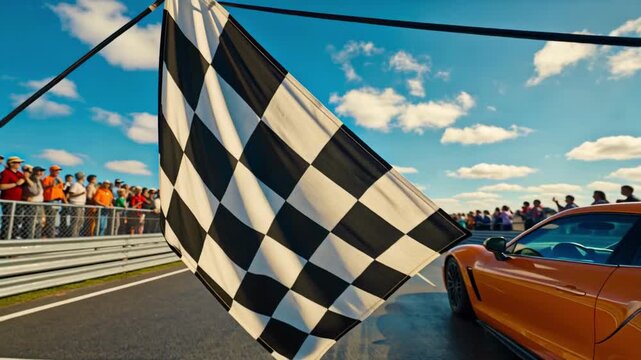 Checkered Flag Waving at Finish Line with Sports Car and Spectators at Sunset Racing Event
