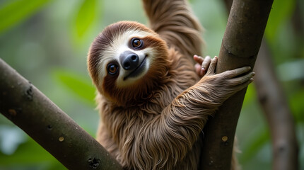 Naklejka premium Funny sloth hanging on tree branch, cute face look, perfect portrait of wild animal in the Rainforest of Costa Rica scratching the belly, Bradypus variegatus, brown-throated three-toed sloth, relaxed 