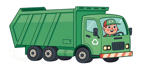 Green cartoon garbage truck with simplified details. Great for teaching everyday city life and community helpers.