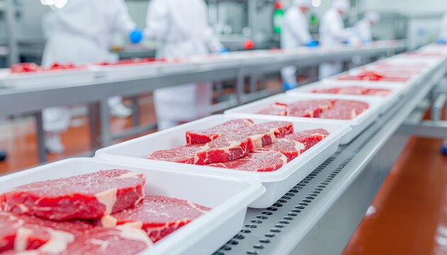Conveyor line with beef steaks at a food processing facility