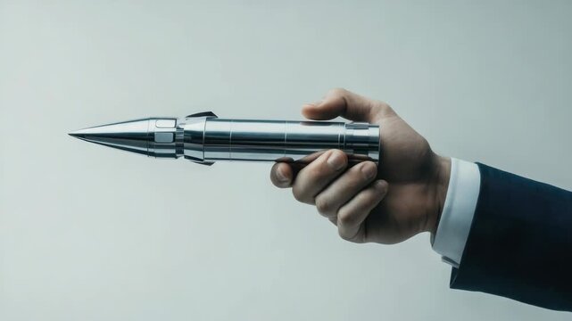 A human hand holding a futuristic gun, possibly from a sci-fi movie or video game. The person is wearing a suit and tie, suggesting a blend of formality with advanced technology.