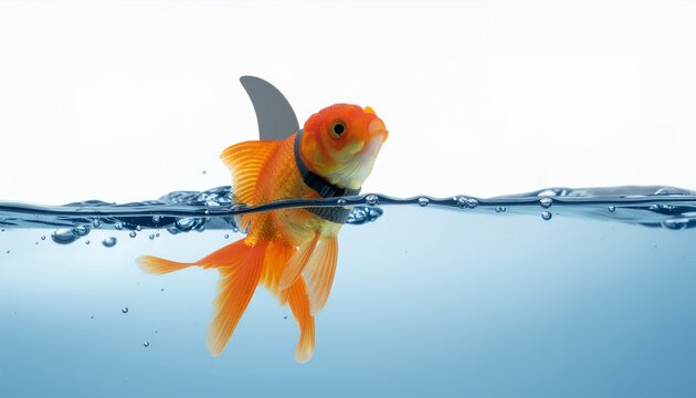 Ambitious goldfish wearing a shark fin, swimming with big fish dreams